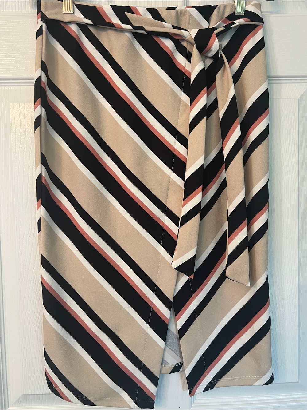 Striped Faux Wrap-Front Midi Skirt in Beige and Black